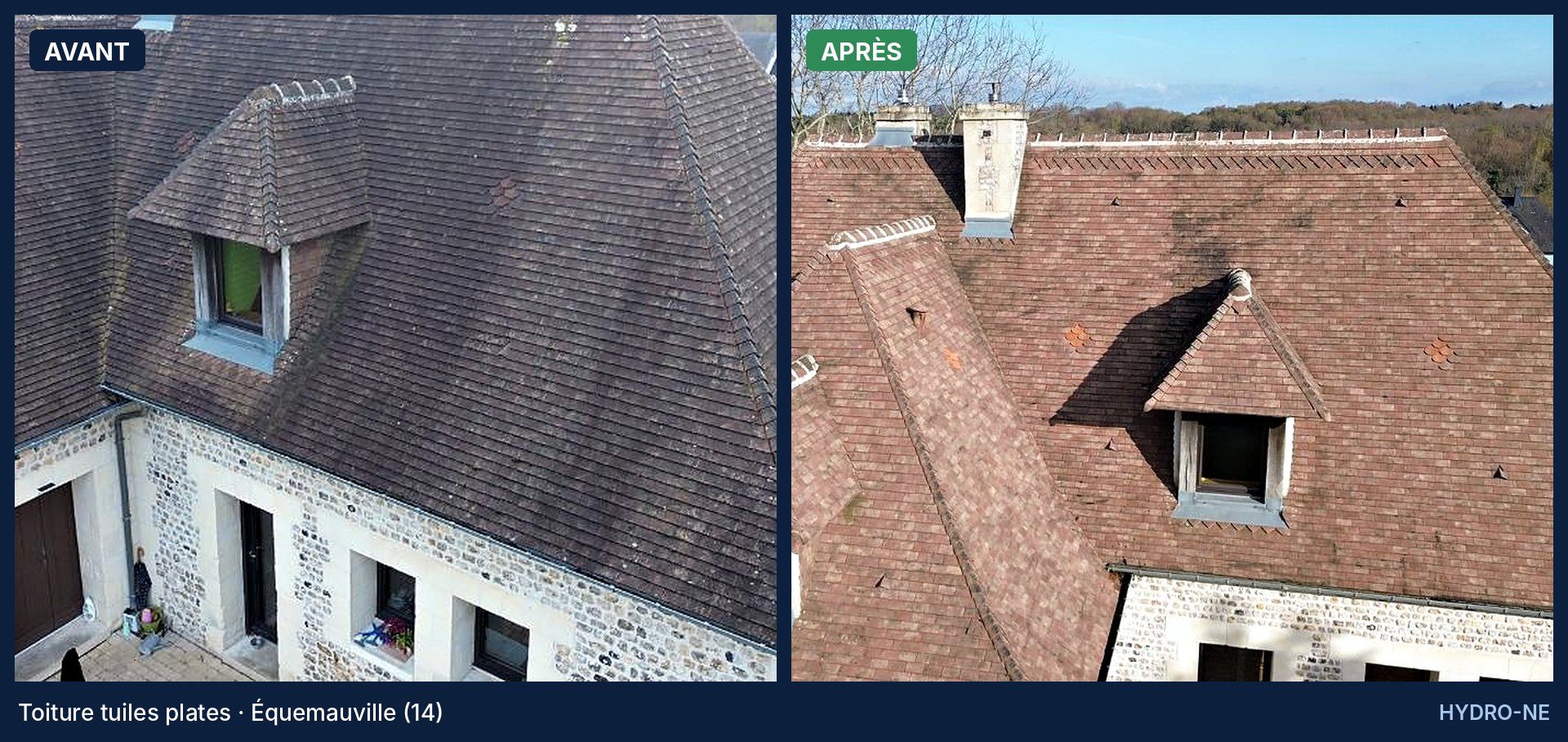 Avant et après démoussage d'une toiture en tuiles plates à Équemauville