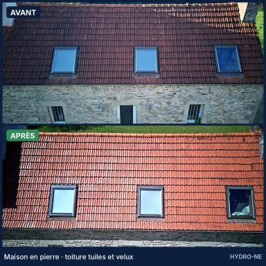 Avant et après démoussage d'une toiture en tuiles avec velux, maison en pierre