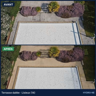 Avant et après nettoyage d'une terrasse dallée autour d'une piscine à Lisieux