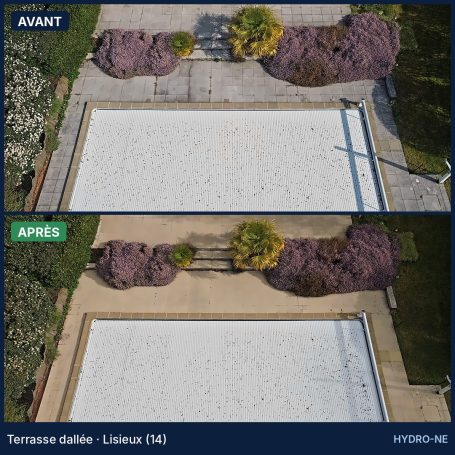 Lisieux (14) · terrasse dallée Avant et après nettoyage d'une terrasse dallée autour d'une piscine à Lisieux