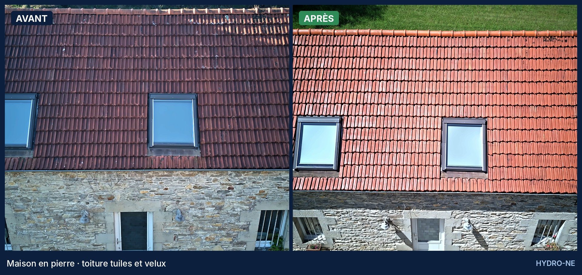 Avant et après démoussage d'une toiture en tuiles avec velux, maison en pierre
