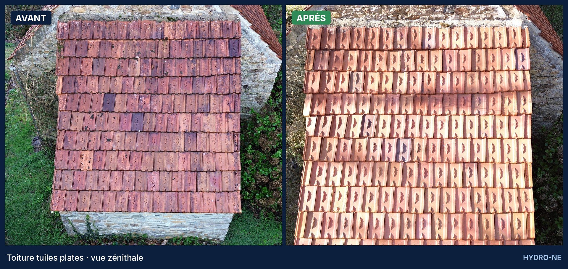 Avant et après nettoyage d'une petite toiture en tuiles plates, vue zénithale