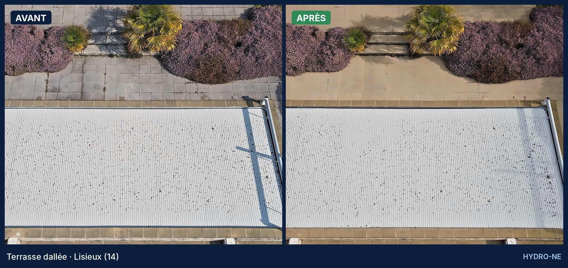 Avant et après nettoyage d'une terrasse dallée autour d'une piscine à Lisieux