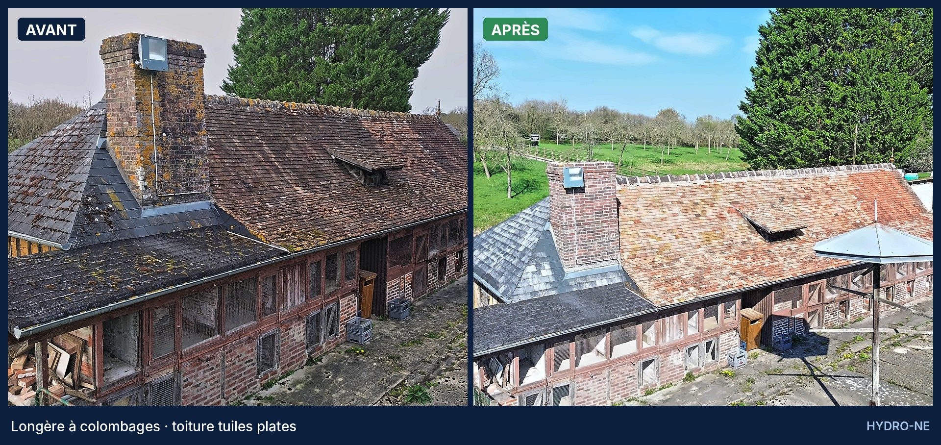 Avant et après démoussage de la toiture d'une longère à colombages