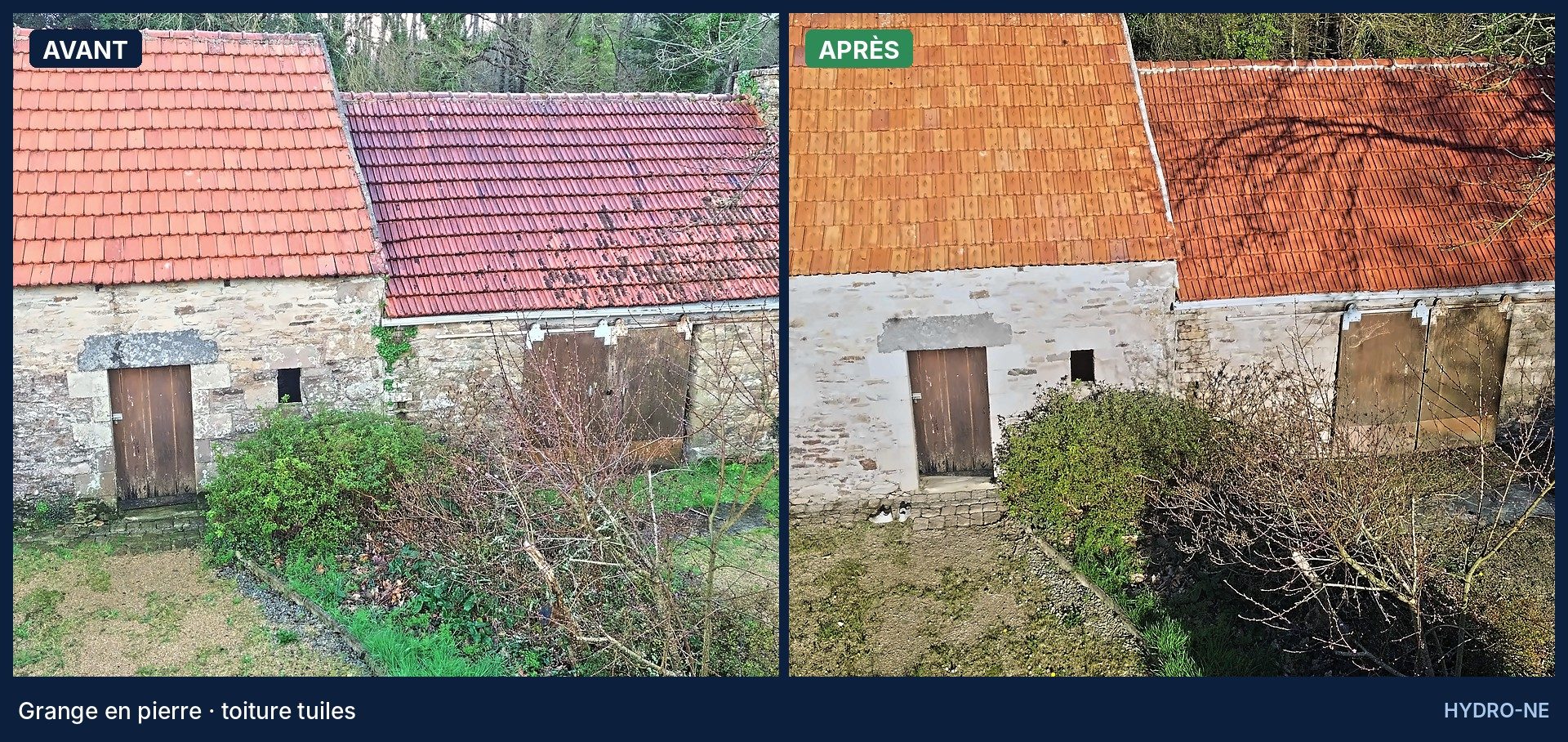 Avant et après nettoyage de la toiture d'une grange en pierre