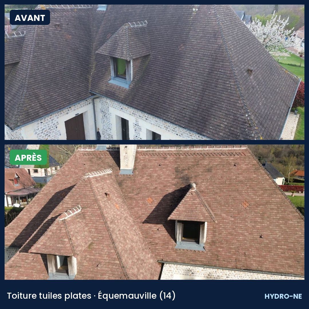 Avant et après démoussage d'une toiture en tuiles plates à Équemauville, près de Honfleur