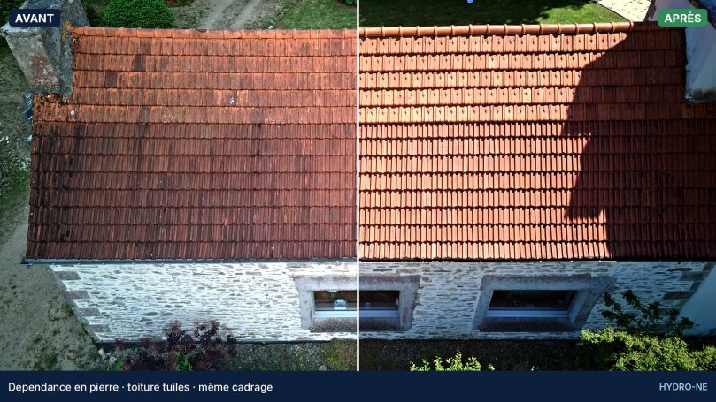 Dépendance en pierre · même cadrage Même toiture en tuiles photographiée avant et après démoussage, moitié avant, moitié après