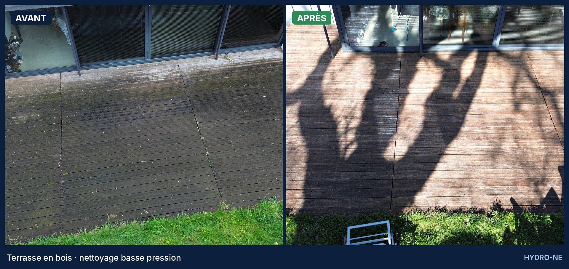 Avant et après nettoyage d'une terrasse en bois grisée